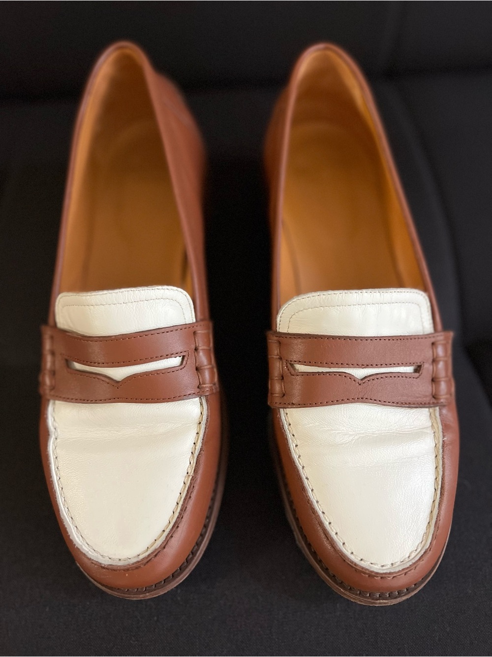Sezane Classic Two-Tone Leather Loafers in Brown and Cream